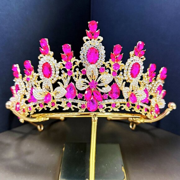 Princess Flower Crown, Floral Tiara, Birthday Party Crown, Fuchsia Crystal Tiara